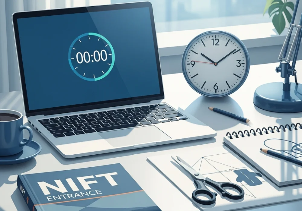 Time management strategy for NIFT GAT examination showing a study desk and a clock.