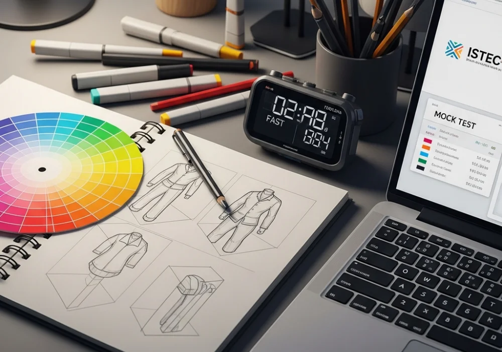 A creative workspace for NIFT aspirants featuring design tools, sketches, and a stopwatch to symbolize high-speed accuracy drills for the entrance exam.