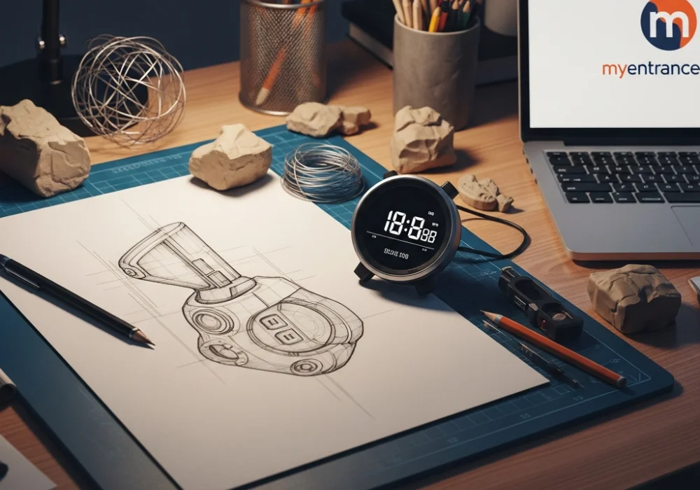 NID DAT preparation desk with sketches, modeling clay, and a stopwatch for time management practice.