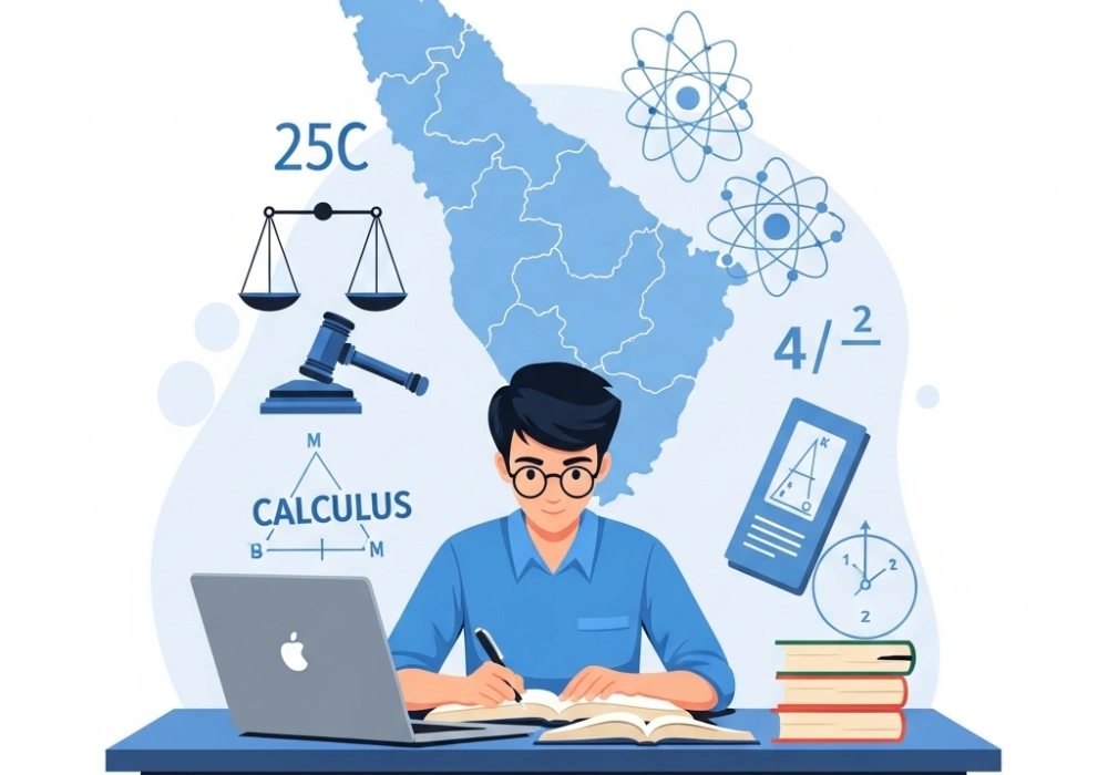 Malayalam student preparing for Kerala PSC Degree Level exam with study materials and laptop.