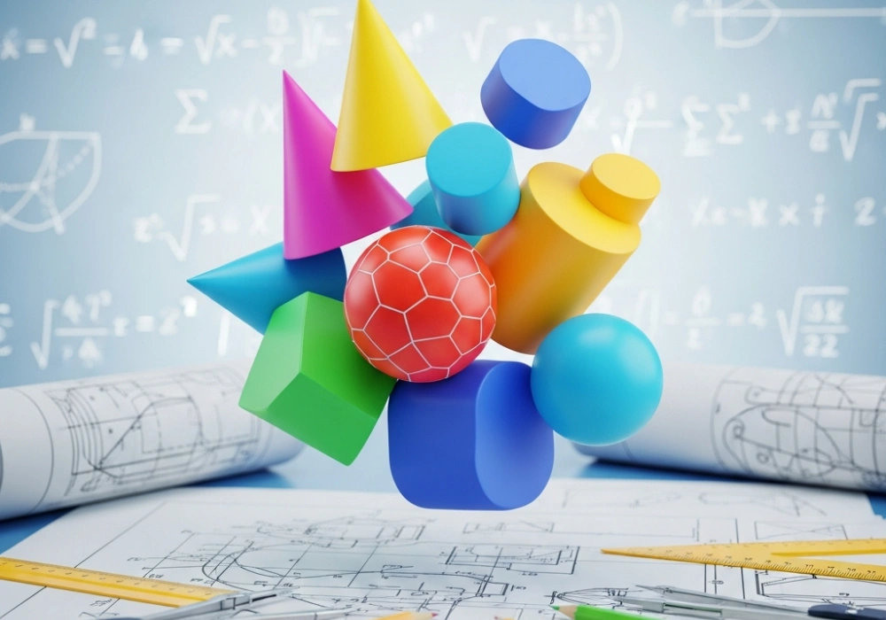 Vibrant 3D geometric shapes and mathematical formulas for NIFT GAT Mensuration preparation.
