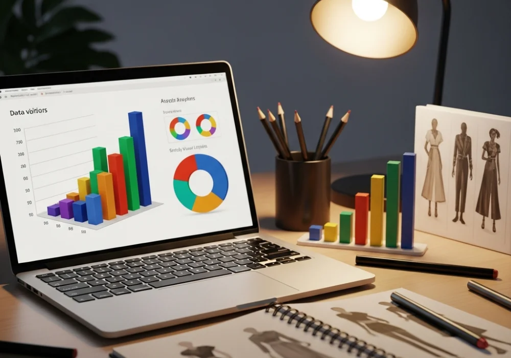Educational illustration showing multi-variable bar graphs and pie charts for NIFT GAT preparation.