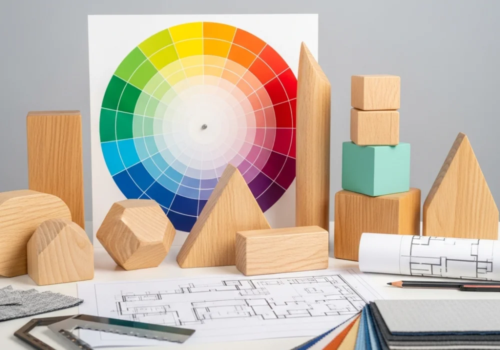 Educational elements of design display including color wheel and geometric shapes for NIFT GAT preparation.