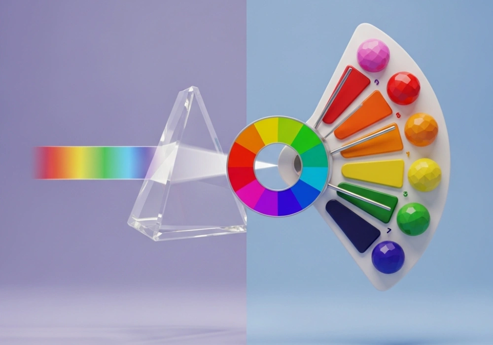 Diagram showing the difference between light spectrum and pigment mixing for NIFT color theory.