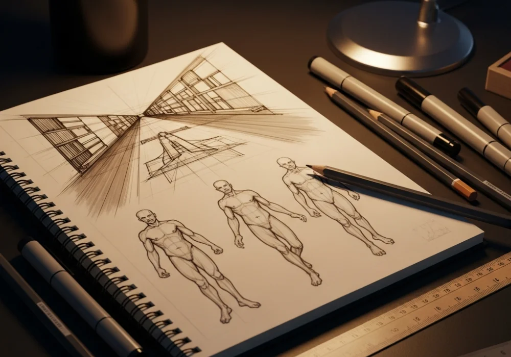 Advanced sketching tools and architectural figure drawings for NIFT CAT preparation.