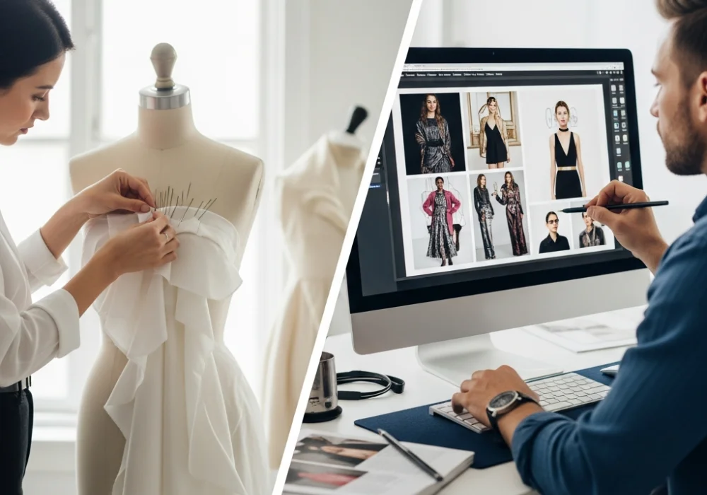 A split comparison between a NIFT Fashion Design student working with fabric and a Fashion Communication student designing on a computer.