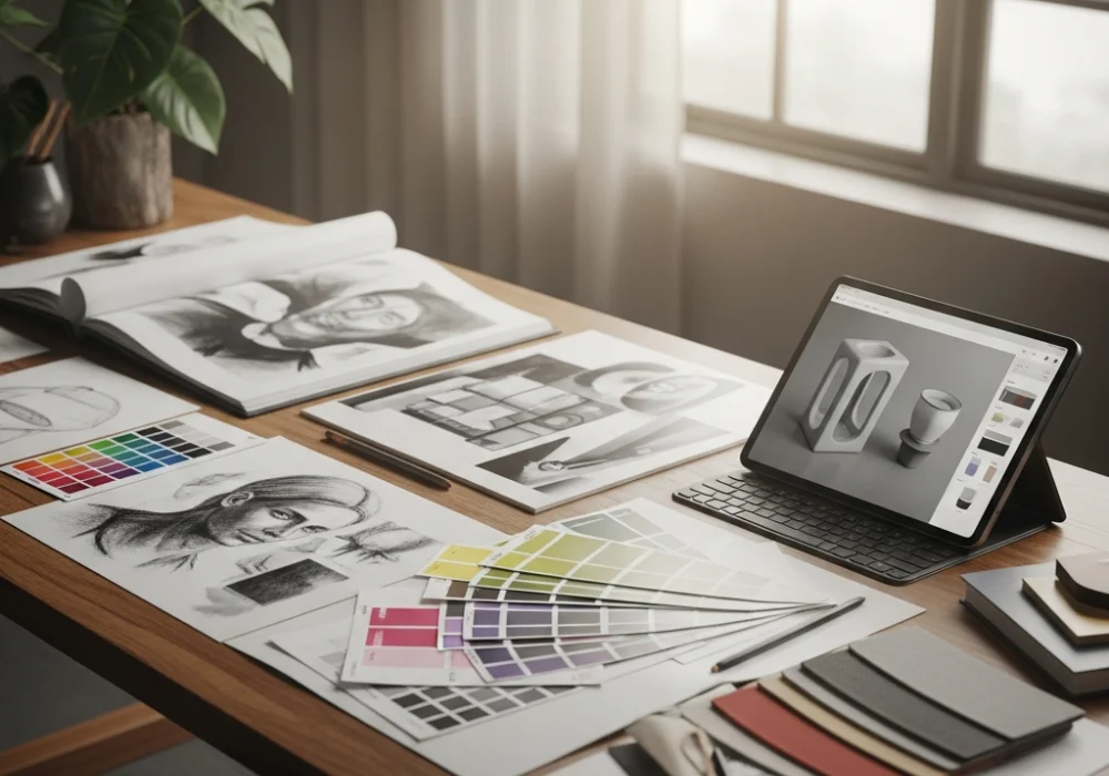 A professional design portfolio for entrance exams featuring sketches and digital artwork in a creative studio.