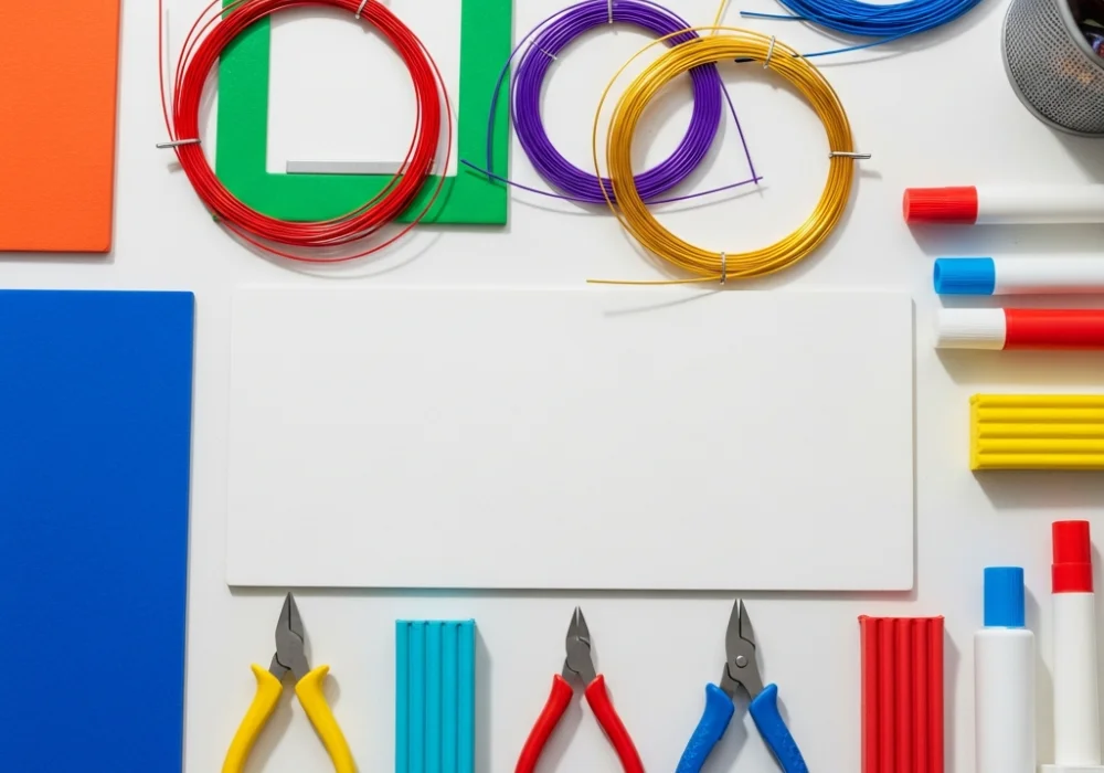 A collection of essential design materials for NIFT Studio Test practice including boards, wires, and tools.