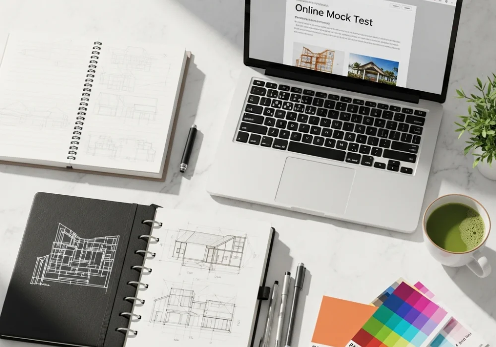 Professional study desk layout for NIFT M.Des preparation featuring design tools and online mock tests.