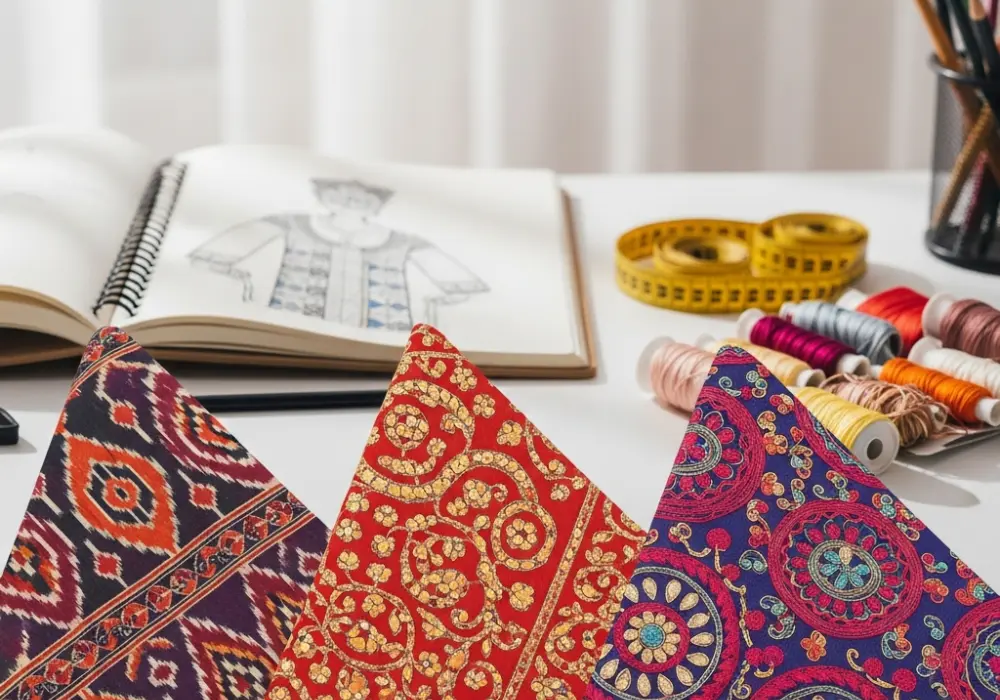 Vibrant Indian handloom and embroidery patterns for NIFT GAT preparation.