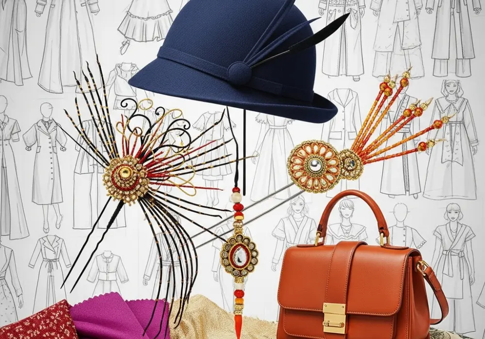 Educational collage of global fashion accessories including hats, pins, and bags for NIFT GAT preparation.