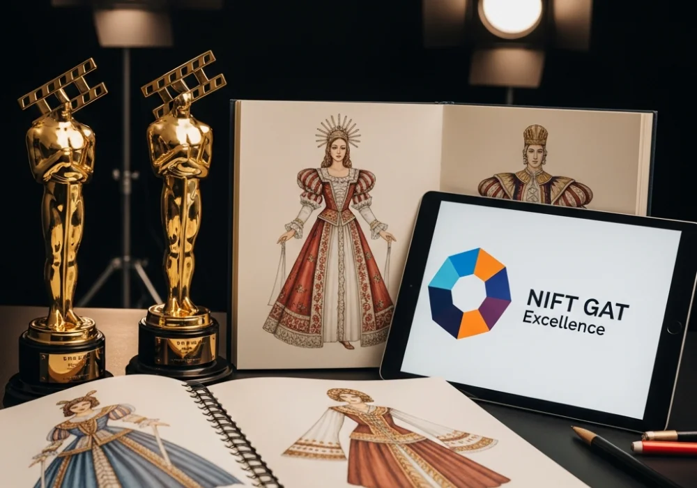Educational illustration of film awards and costume design sketches for NIFT GAT preparation.