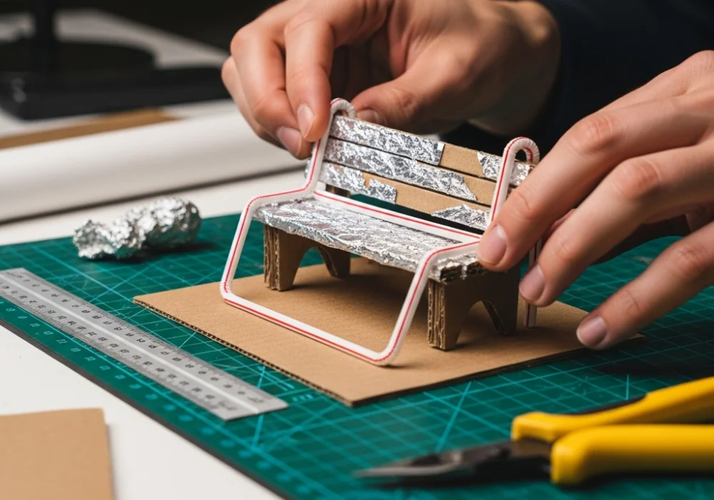 Close-up of a NIFT student crafting a 3D model for the Situation Test using cardboard and straws.