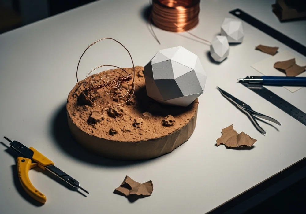 A detailed 3D conceptual model of a Mars souvenir for NIFT Situation Test featuring wire textures and paper landscapes.