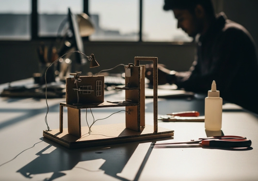 A professional 3D model of a street artist workstation made for the NIFT Situation Test, featuring cardboard construction and intricate shadow patterns.