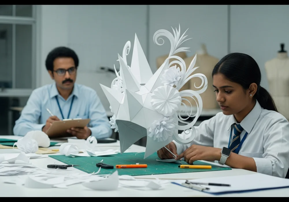 A student meticulously crafting a conceptual Cybernetic Nature headgear for the NIFT Situation Test in a professional studio setting.