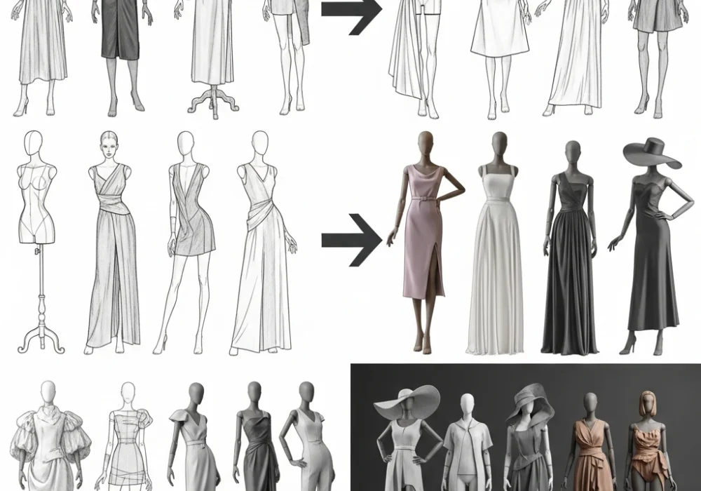 Chronological evolution of global fashion designers and iconic silhouettes from 1858 to the present day.