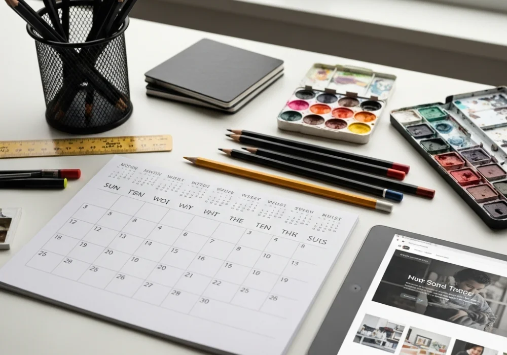 30-Day NID Study Plan schedule on a designer's desk with sketching tools.
