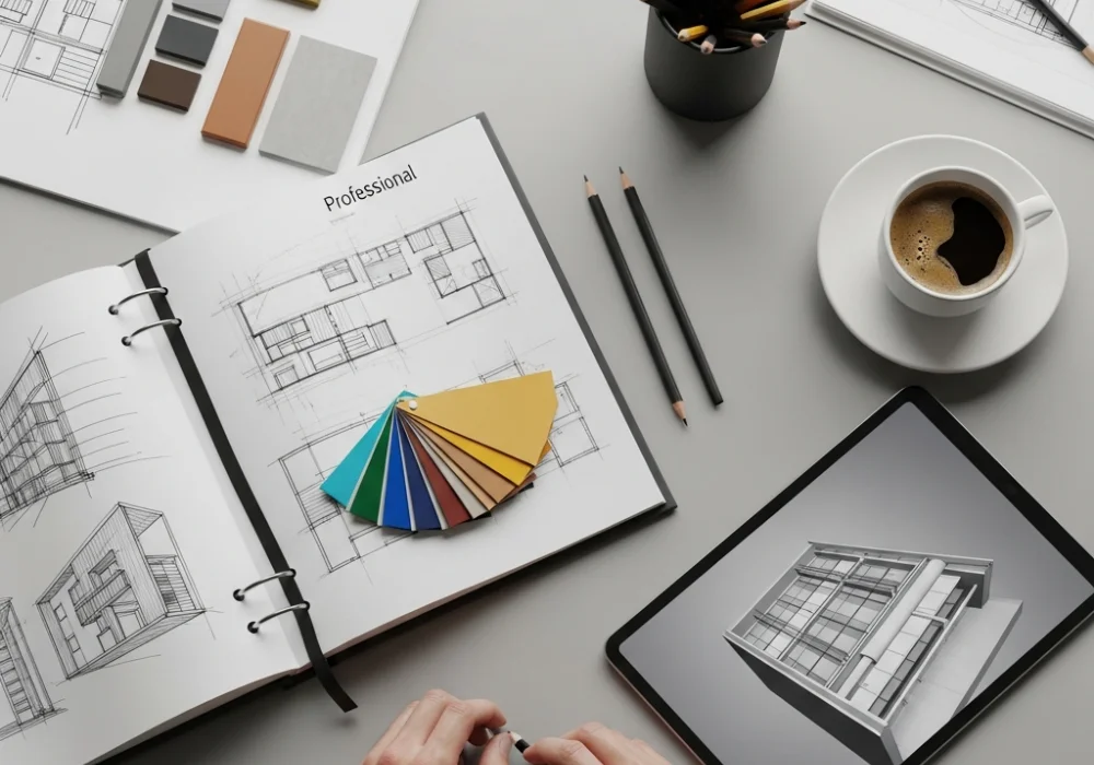A professional design portfolio showcasing sketches and material samples on a clean wooden desk for NID admission preparation.