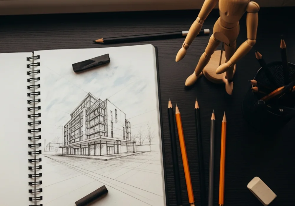 A professional designer's desk with a perspective sketch and drawing tools, representing preparation for the NID entrance exam.