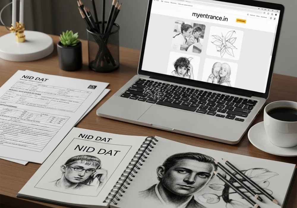 NID DAT study materials including solved question papers, sketches, and drawing tools on a desk.