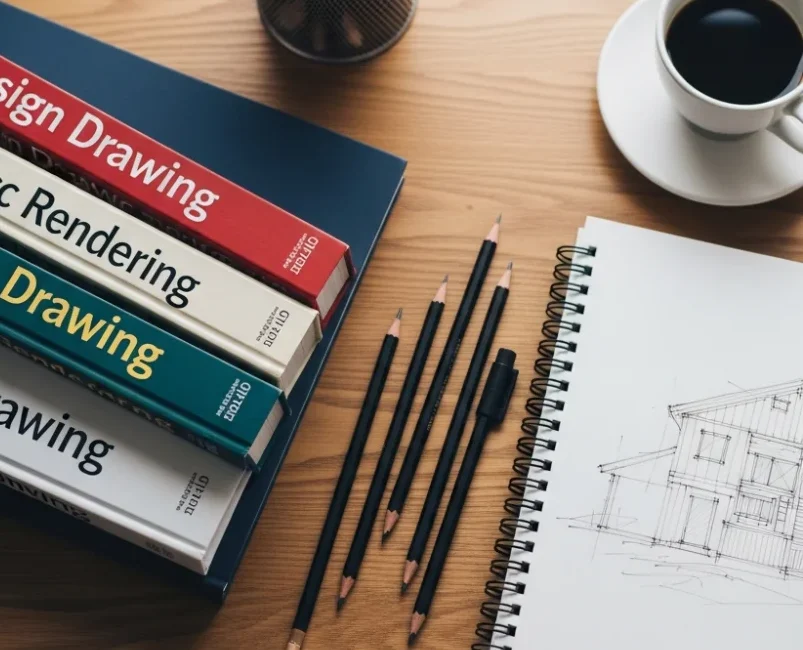 A curated collection of design books and sketching tools on a desk for NID DAT preparation.