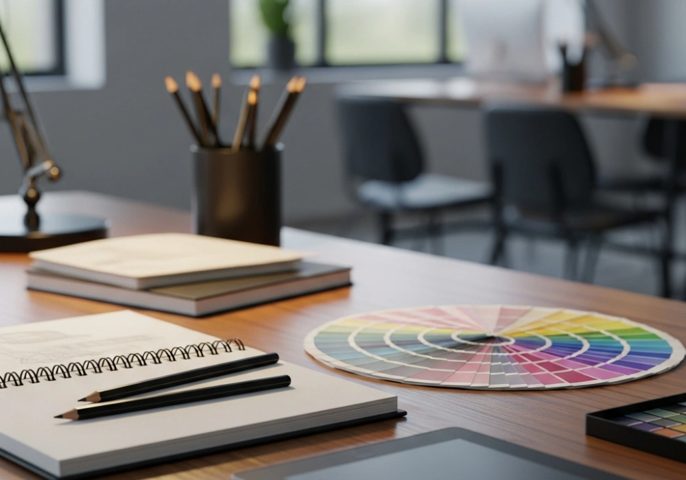 Sketchbook and design tools on a desk representing NID DAT entrance exam preparation and cut off analysis.