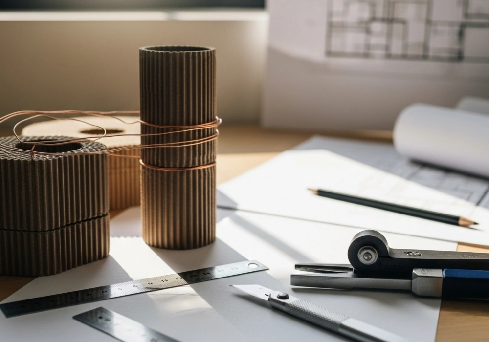 A professional setup for NID Studio Test model making featuring cardboard and wire models with craft tools.