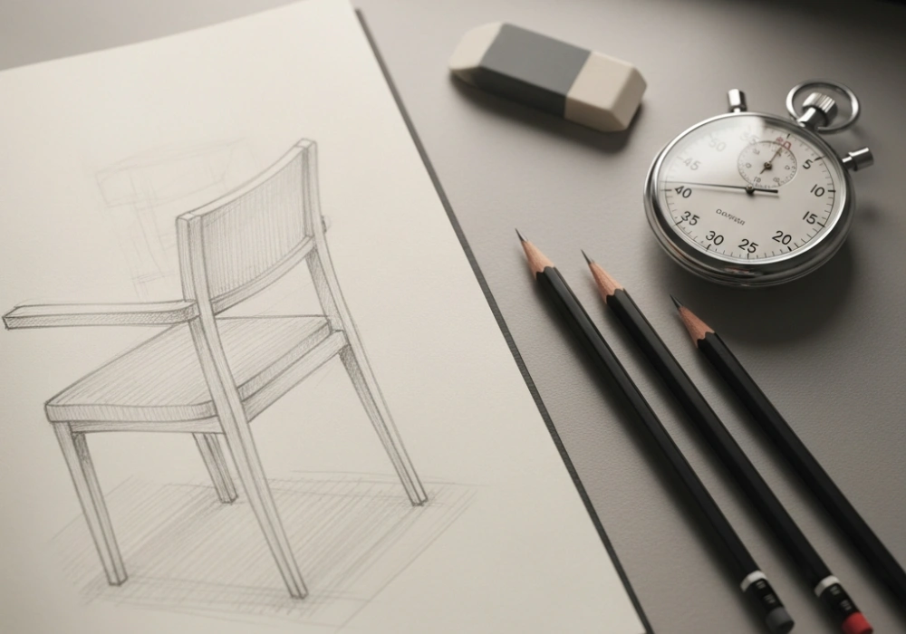 A design student's desk with a sketchbook, drawing pencils, and a stopwatch to represent NID DAT Prelims time management.