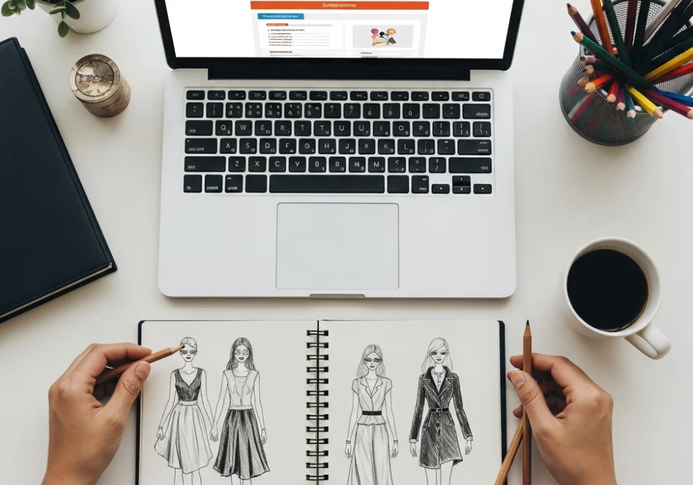 A professional workspace setup for NID registration with a laptop, design sketches, and art supplies.
