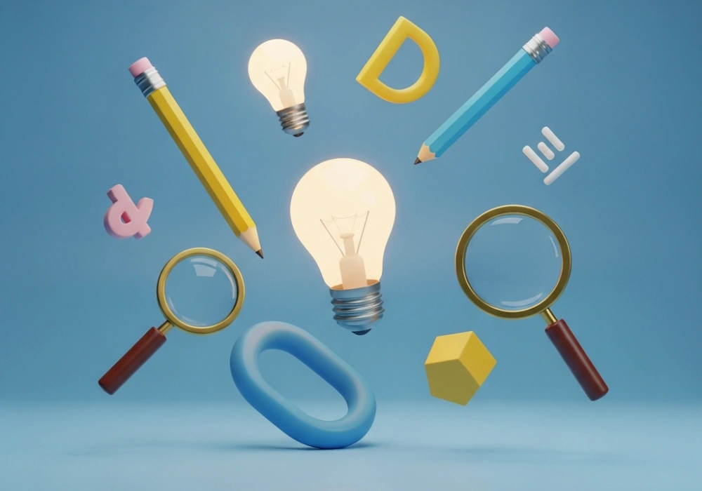 Educational design background featuring symbols of creativity and NID DAT preparation tools like pencils and lightbulbs.