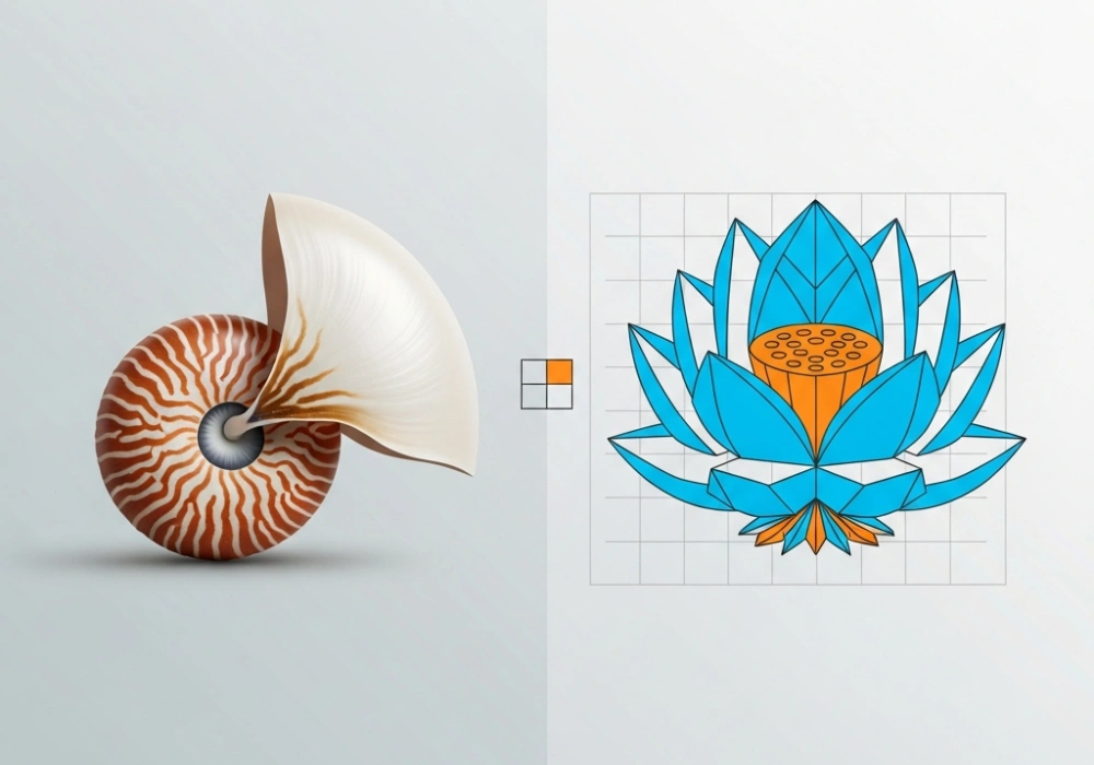 A comparison between organic natural forms like shells and their 2D geometric abstractions for NID DAT preparation.