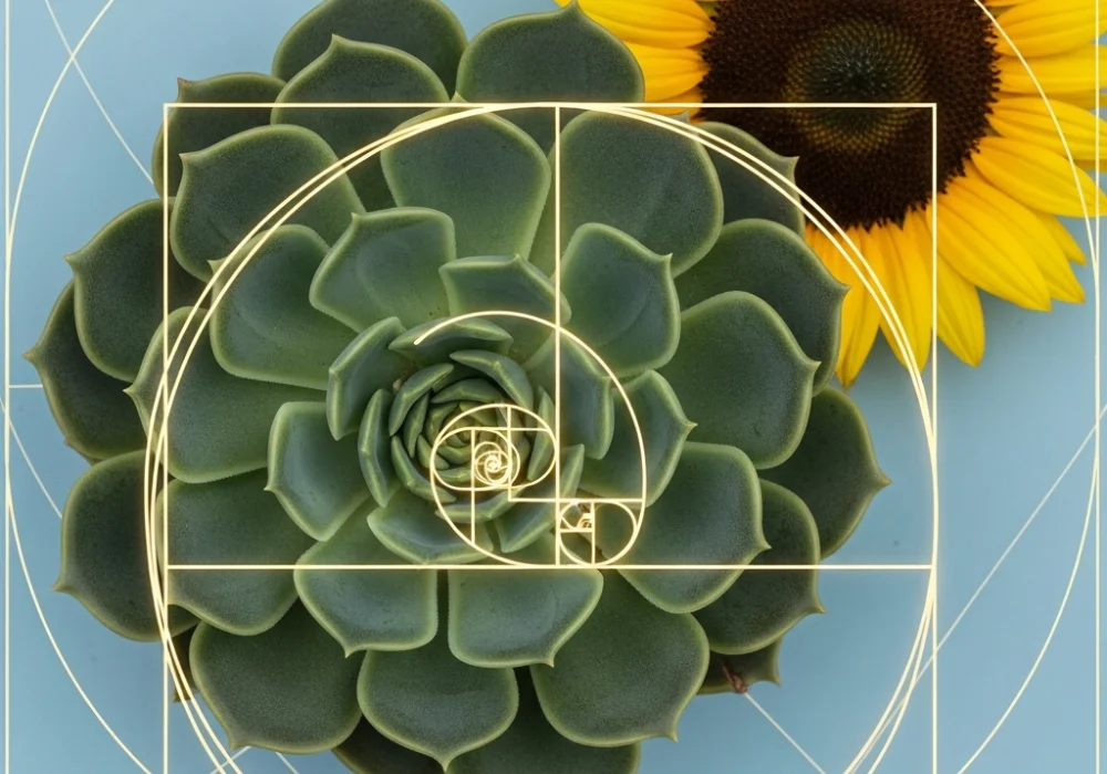 Fibonacci sequence and Golden Ratio patterns in sunflowers and succulents for NID DAT preparation.