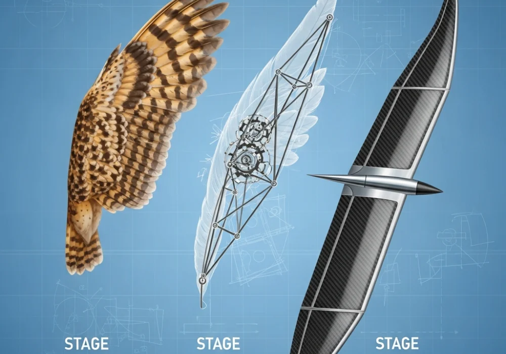 Visual metamorphosis sequence from a natural bird wing to a geometric mechanical glider, illustrating NID DAT exam concepts.