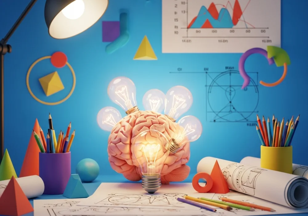 Creative thinking concept for NID exam preparation featuring brainstorming symbols and design tools.