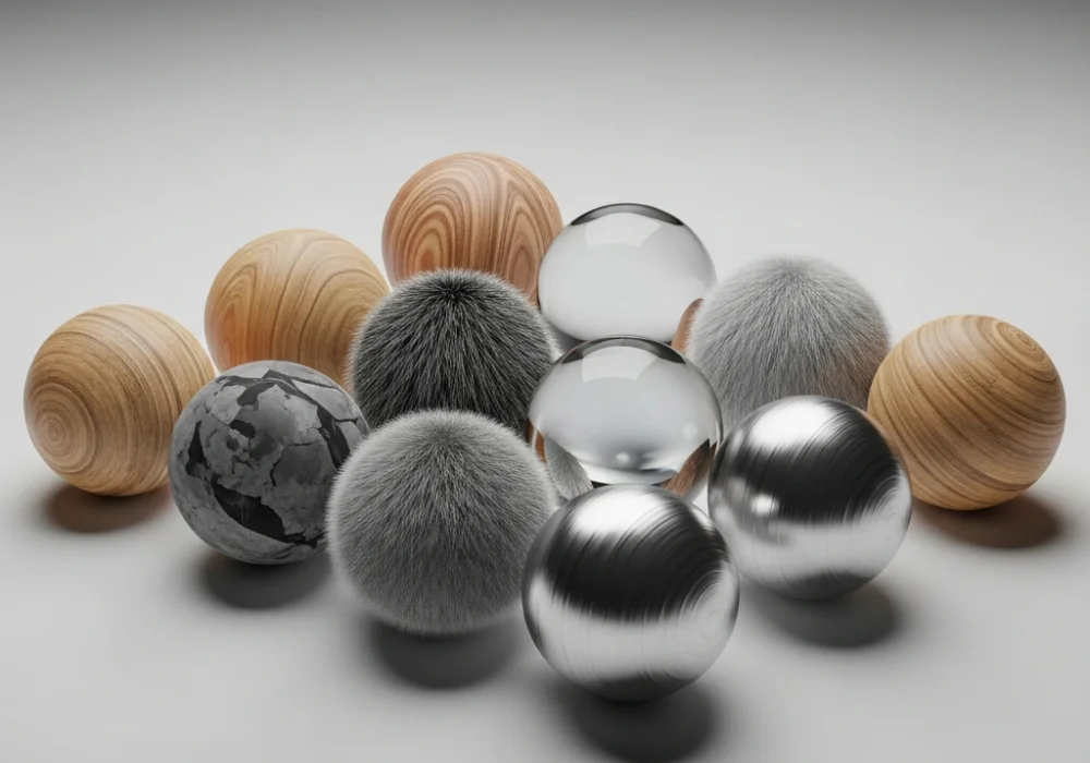 3D rendering of different textures including wood, glass, and metal for NID exam preparation.