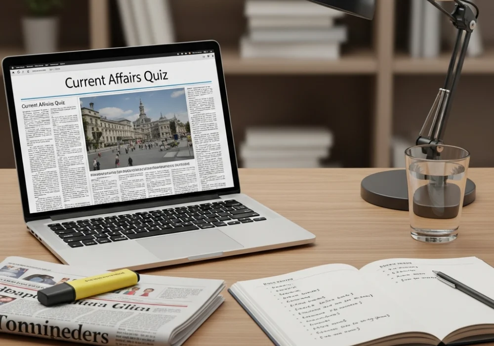 A professional study desk setup with a laptop and newspaper for SSC exam current affairs preparation.