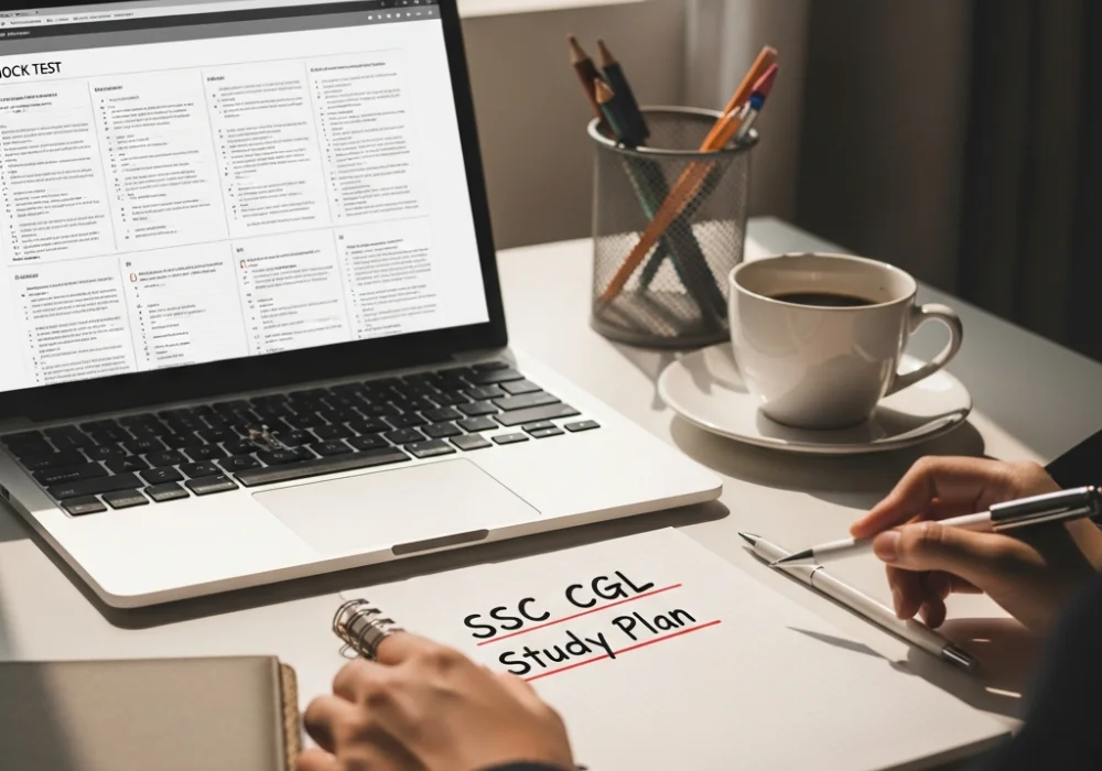 A professional study desk setup for SSC CGL self-study preparation with a laptop and study plan.