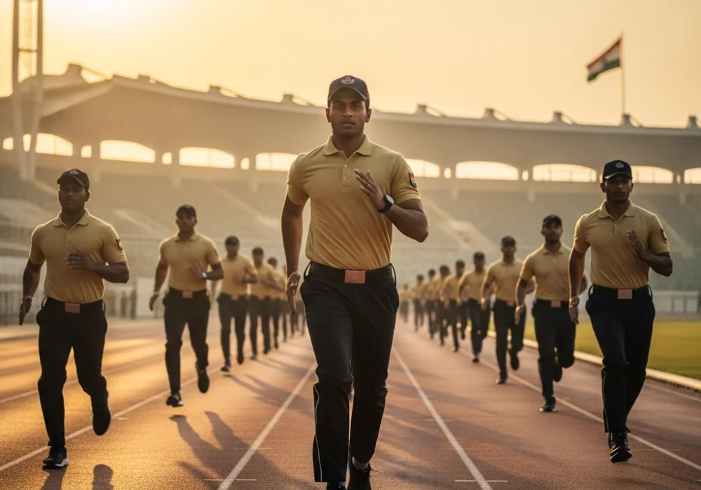 SSC GD Constable aspirants training on a running track for the physical efficiency test.