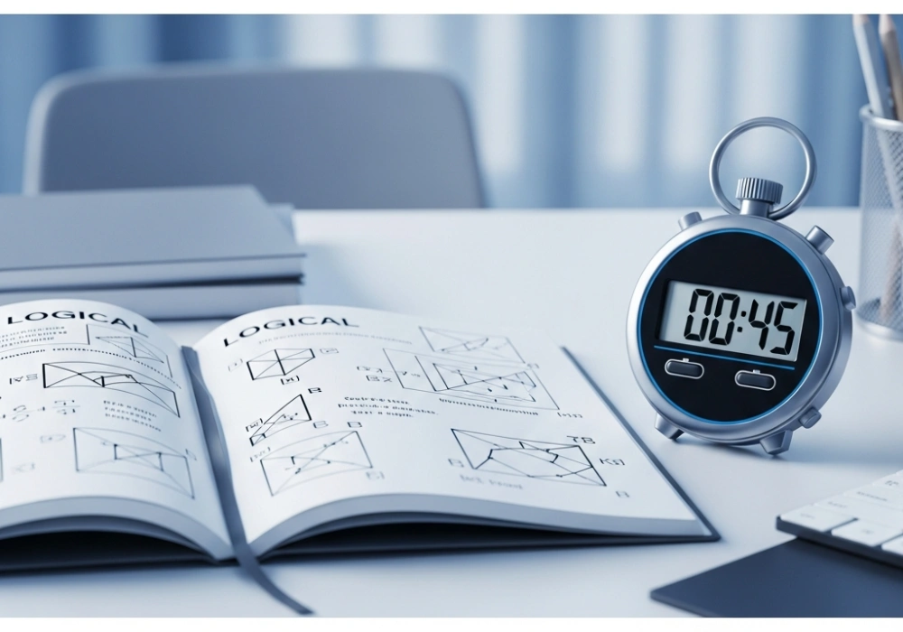 SSC CHSL Reasoning practice questions and stopwatch on a modern study desk representing exam preparation.