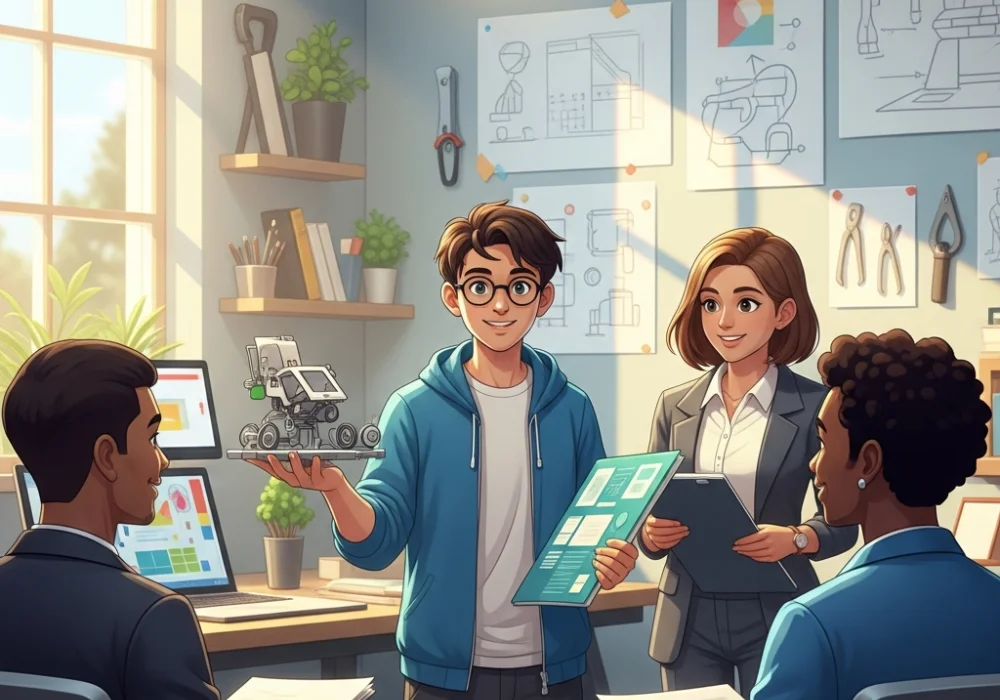 Interactive NID Interview simulation showing a student presenting a portfolio to a panel of expert judges in a creative design studio.