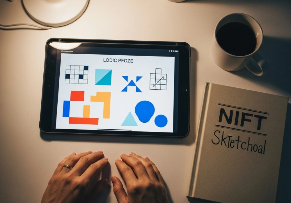 NIFT GAT preparation material with logic puzzles and design sketches.