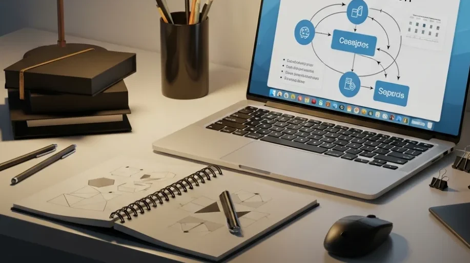 NIFT entrance preparation workspace with logical reasoning materials and a laptop showing mock tests.