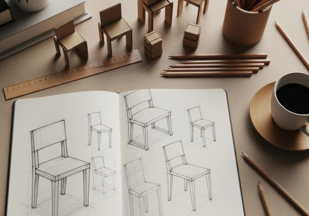 A professional design workspace showing the documentation of a chair project from sketches to cardboard prototypes for an NID portfolio.
