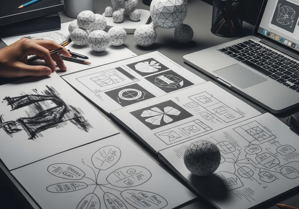 A design student's desk showing the creative evolution of a project from rough sketches to final models for an NID portfolio.