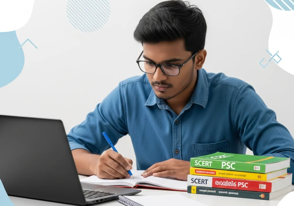 A student preparing for Kerala PSC Khadi Board LGS exam focusing on statement-based questions using textbooks and a laptop.