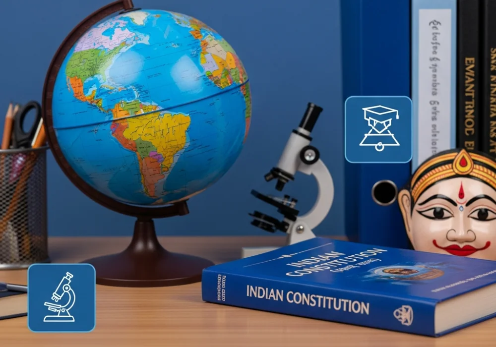 Static GK study elements including a globe, Indian Constitution, and cultural icons for competitive exam preparation.