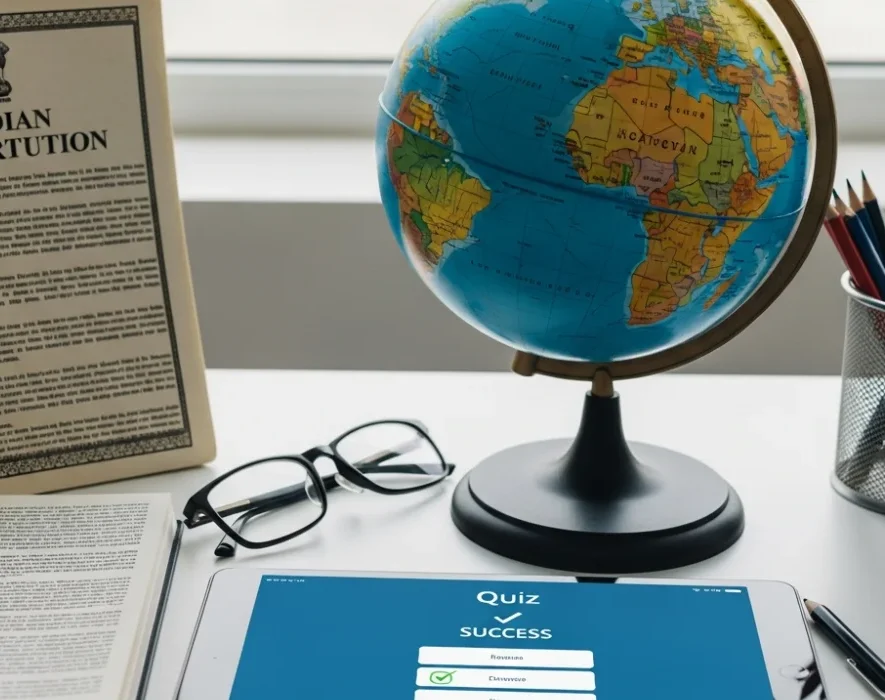 SSC General Knowledge Mock Test preparation materials with Constitution of India and a globe.