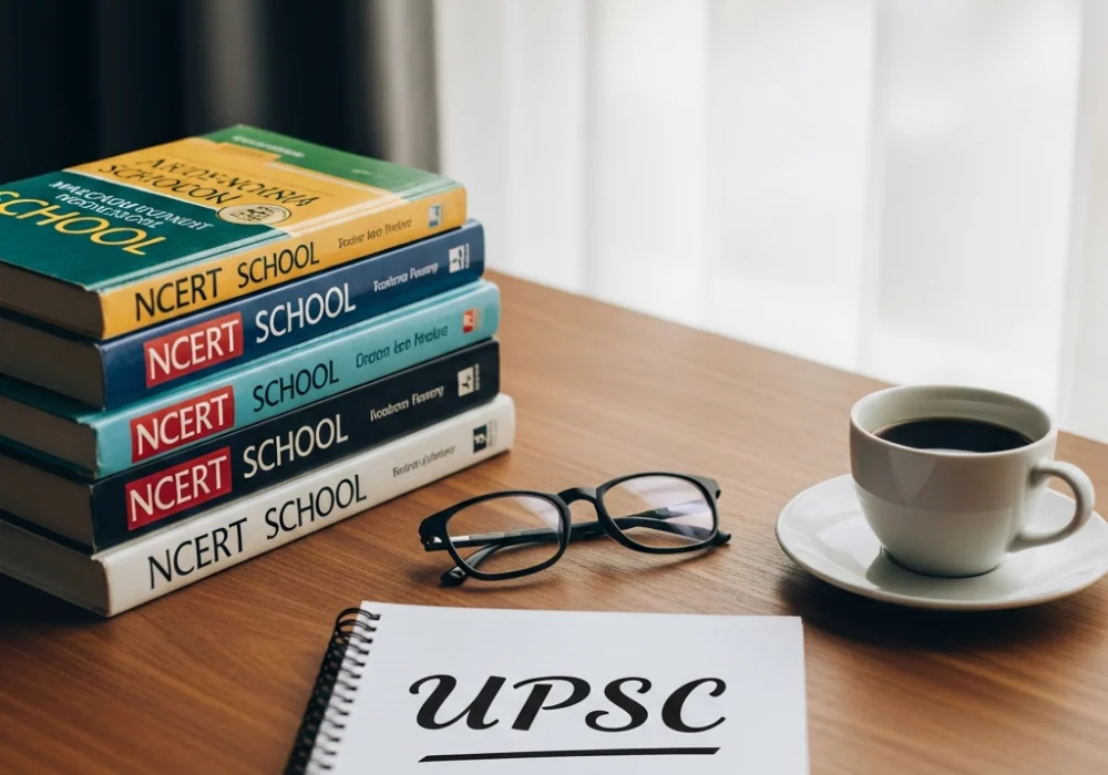 Essential NCERT books for UPSC preparation on a study table with reading glasses and a notepad.