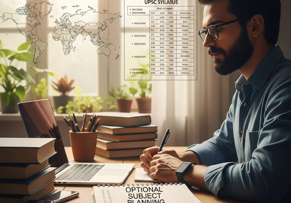 UPSC aspirant planning their optional subject with books and syllabus on a desk